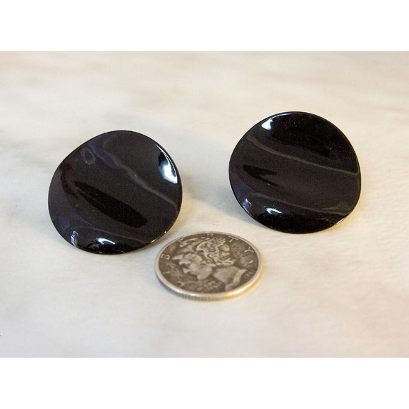 Black Enamel Concave Post earrings - Picture 3 of 5